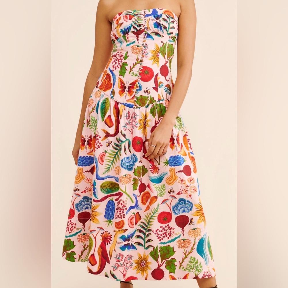 Farm Rio Bright Farm Vegetable Dress Sz Small w/Removable Straps MSRP$265 *READ*